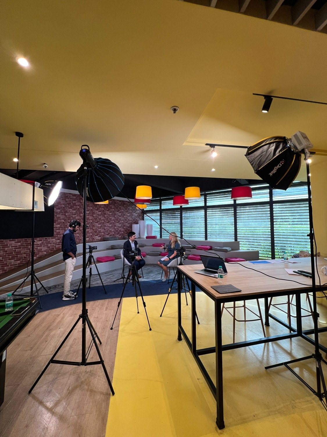 Camera and lighting equipment set up for an interview shoot
